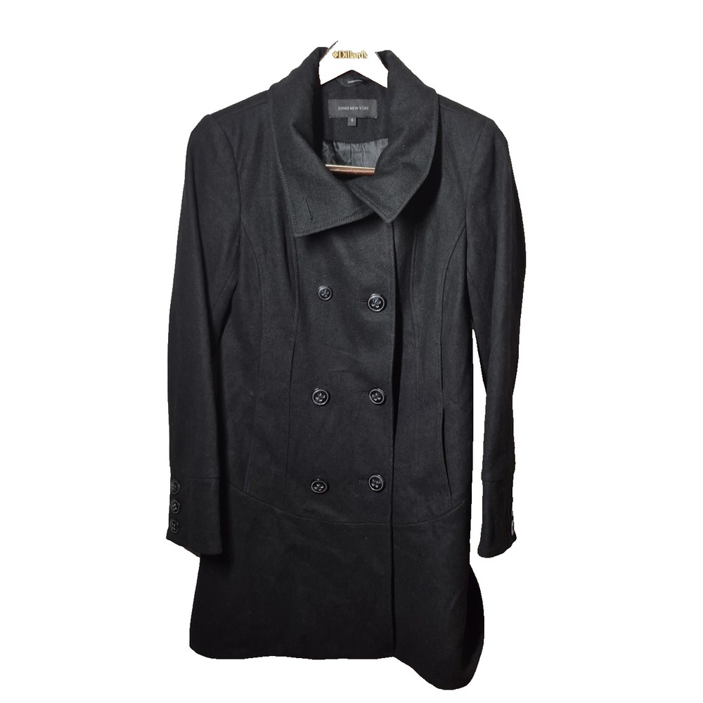 Jones New York  Double Breasted Wool Blend  Peacoat Womens Size 4 Black Long